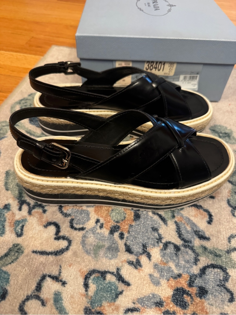 Prada Black Leather Espadrille Platform Sandals 39 - Picture 6 of 7